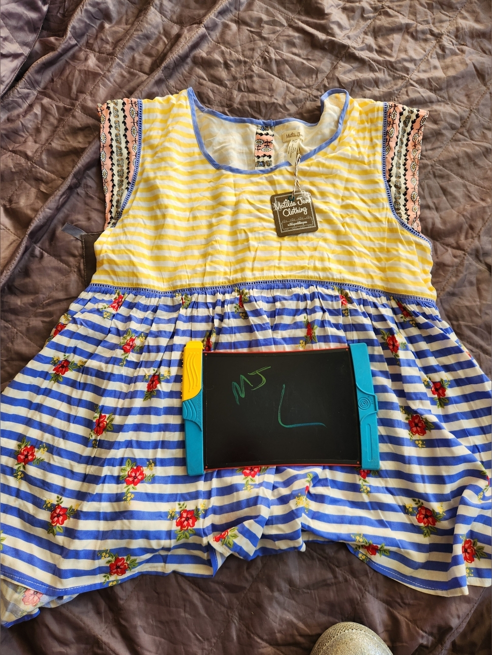 Matilda Jane Yellow Striped Bodice Blue & White Striped Floral Top New With Tags